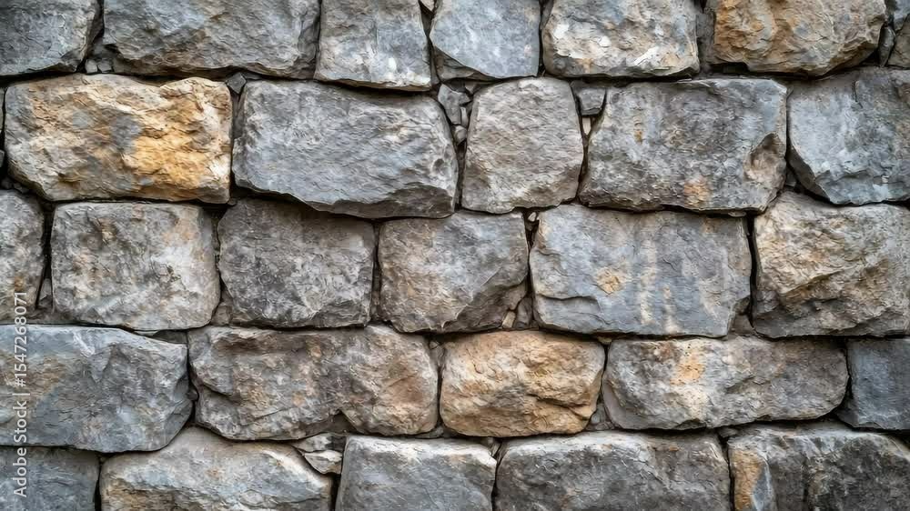 Grey and beige stone wall texture. Irregularly shaped stones are fitted together to form a strong, solid wall