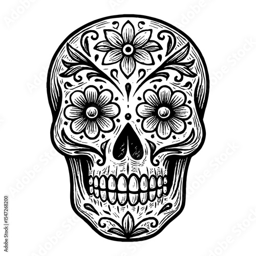 Sugar Skull with Flower Decoration Dia De Los Muertos Black and White Outline Line Art Drawing