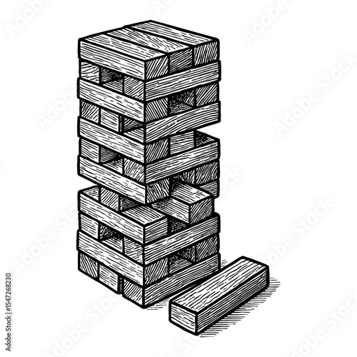 Jenga Game Tower in Black and White Outline Line Art Drawing Wood Blocks Building Game