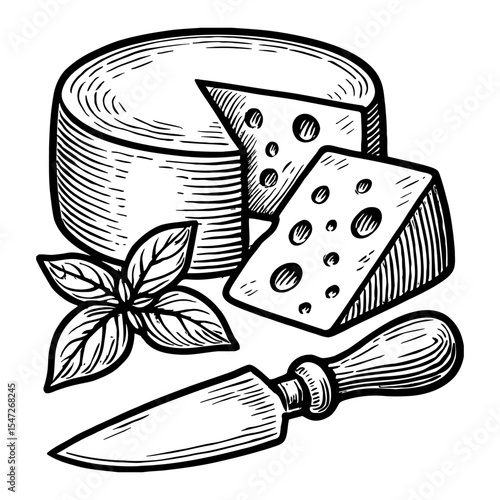 Black and White Outline Line Art Drawing of Cheese Basil and Knife Vintage Illustration
