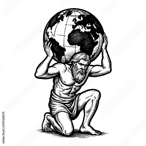 Atlas Holding Globe on Shoulders Black and White Outline Line Art Drawing Etching Illustration Detail