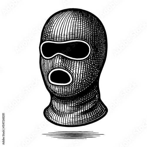 Balaclava Head Black and White Outline Line Art Drawing of a Full Face Cover with Eye Holes
