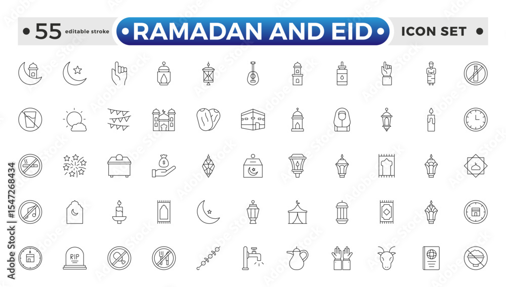 Ramadan and Eid Outline Icon Set – Religious Symbols, Islamic, Worship, and Traditions. Editable stroke outline icon.
Ramadan and Eid Outline Icon Set – Religious Symbols, Islamic, Worship, and Traditions. Editable stroke outline icon.