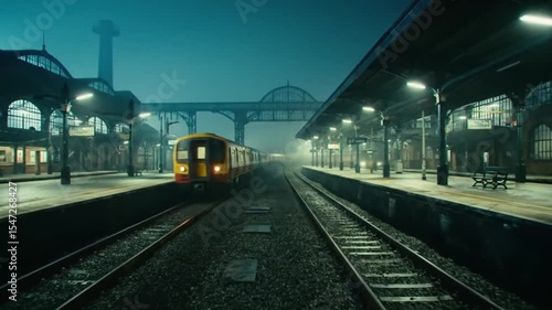 A deserted train station at night with moody, cinematic lighting and a touch of fog.