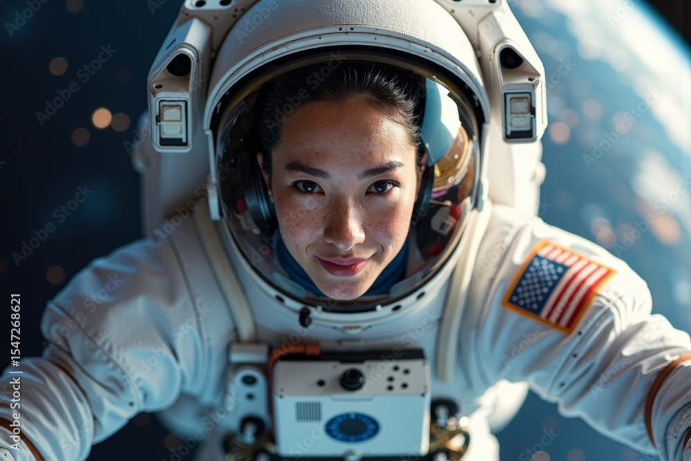 Female astronaut in outer space, reflecting on Earth in the background. Female astronaut in outer space, reflecting on Earth in the background.