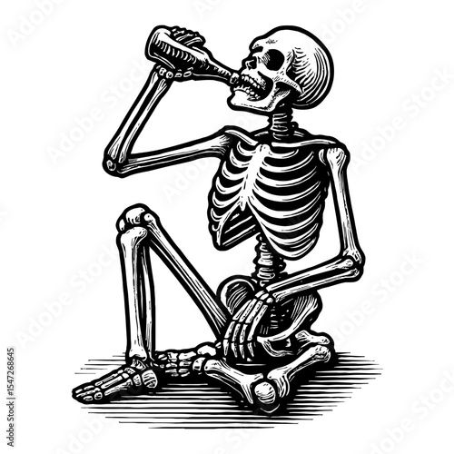 Skeleton Drinking from Bottle Sitting Down Black and White Outline Line Art Drawing