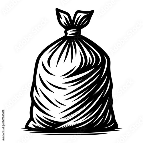 Garbage Bag Tied Up Waste Management Black and White Outline Line Art Drawing