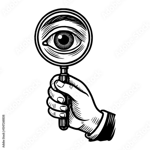 Hand Holding Magnifying Glass with Eye Black and White Outline Line Art Drawing