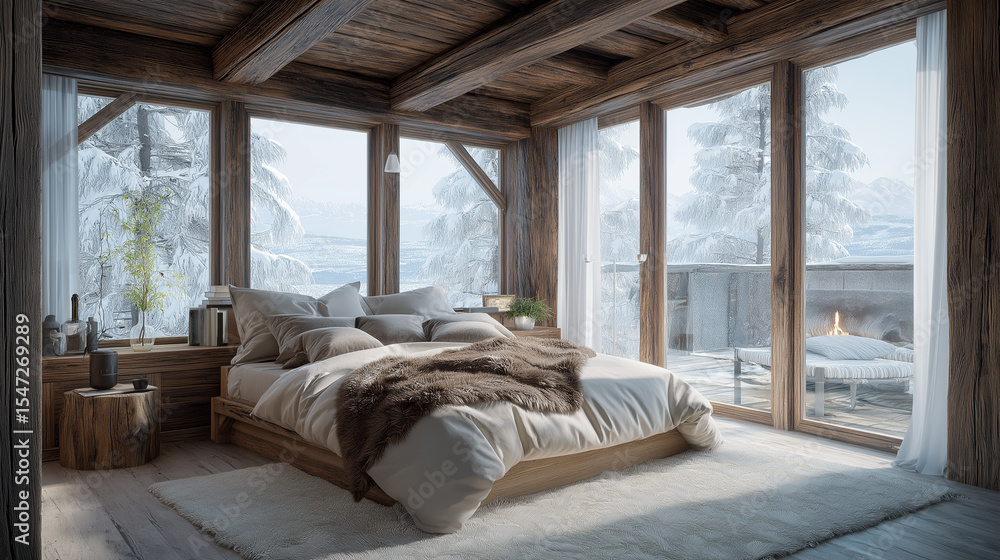Fototapeta premium Front view of A luxurious nordic building bed room