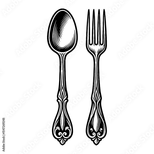 Vintage Silverware Spoon and Fork Black and White Outline Line Art Drawing Detailed Engraving