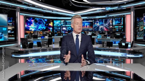 Male news anchor presenting in modern TV studio with large digital screens, professional journalism, breaking news, live television broadcast, media communication, global information, newsroom