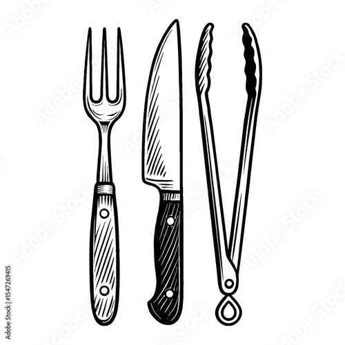 Still Life of Kitchen Utensils Fork Knife and Tong in Black and White Outline Line Art Drawing