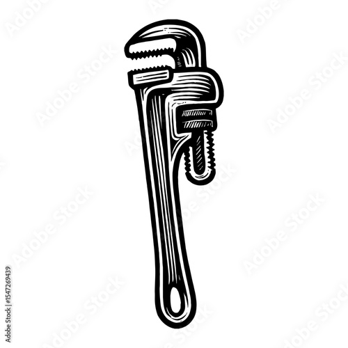 Pipe Wrench Hand Tool DuaSatu Black and White Outline Line Art Drawing Retro Style Illustration
