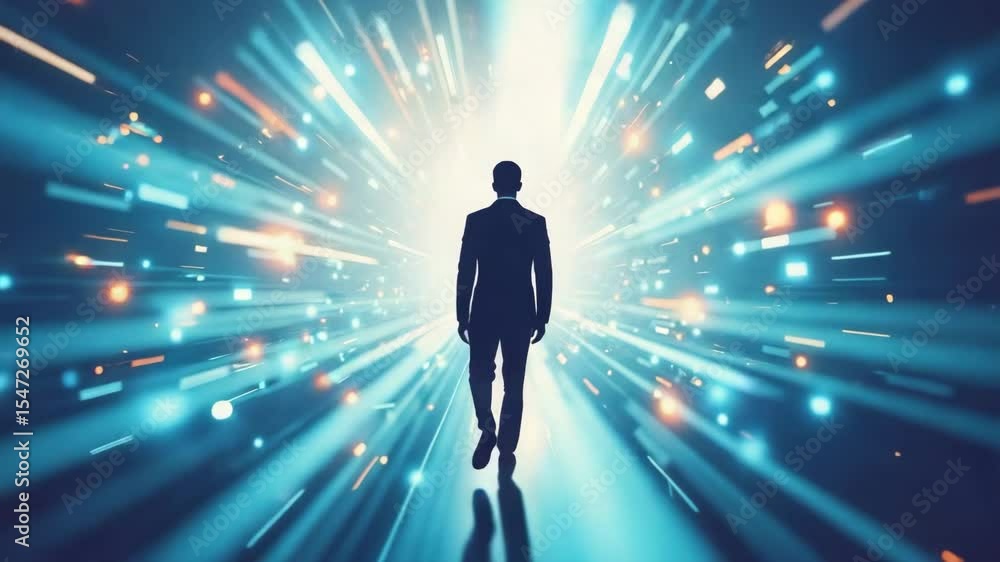 Silhouette man in suit walking through futuristic abstract tunnel with glowing blue and orange lights, technology innovation, digital energy, confidence, progress, and inspiration Silhouette man in suit walking through futuristic abstract tunnel with glowing blue and orange lights, technology innovation, digital energy, confidence, progress, and inspiration