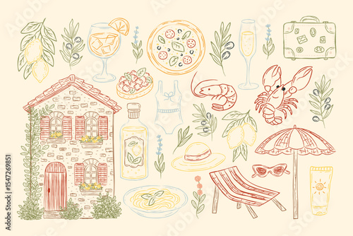 Hand drawn Italian summer illustration collection. Food, drinks, house, lemons, beach accessories, seafood, and herbs for postcards, branding, packaging, travel promotions.
