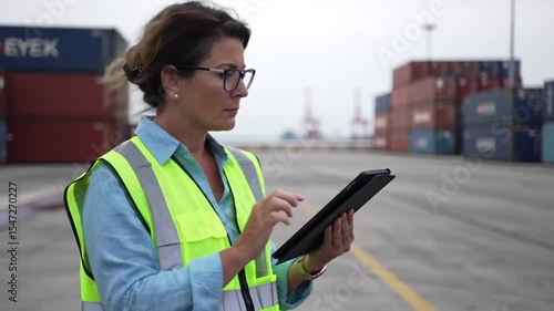 Modern port inspector performing digital inventory audit at shipping dock facility