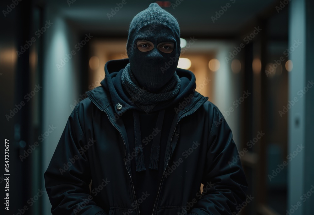 Man in ski mask standing at the entry of a dimly lit hallway Man in ski mask standing at the entry of a dimly lit hallway