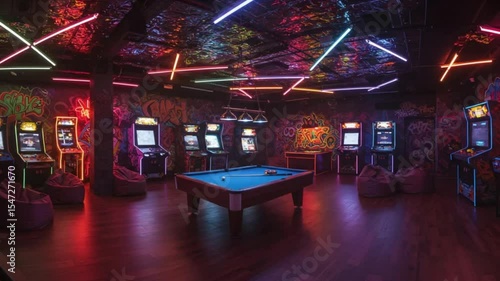A vibrant arcade room, illuminated by neon lights, with classic arcade games and a pool table