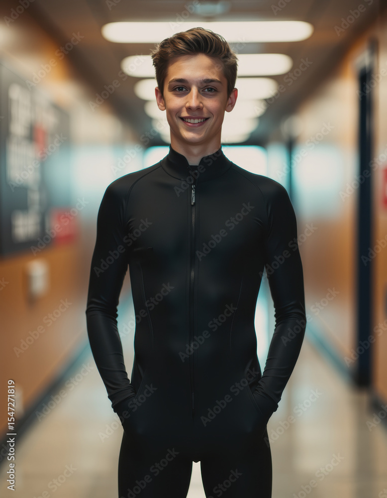 Obraz premium Teen in bobsleigh suit smiling confidently in a hallway