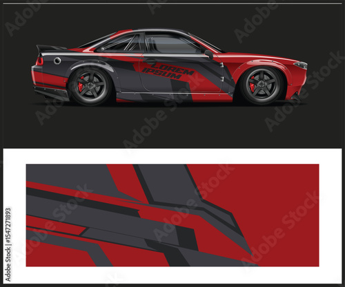 Red and Gray Racing Car Wrap Design Template on a Dark Background