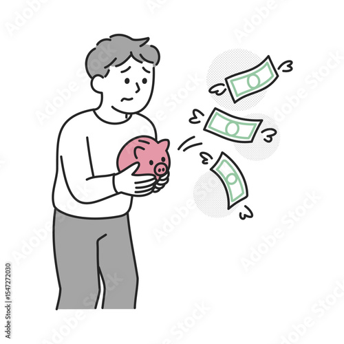 貯金箱からお金が飛んでいく男性のイラスト