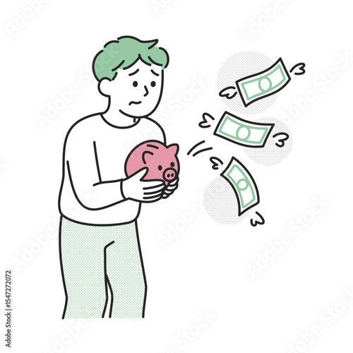 貯金箱からお金が飛んでいく男性のイラスト