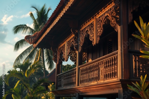 Traditional Malay Wooden Stilt House with Carvings and Tropical Garden
