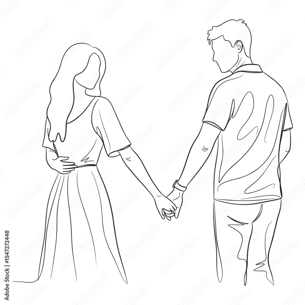 Fototapeta premium Couple Holding Hands Walking Away Line Art Drawing