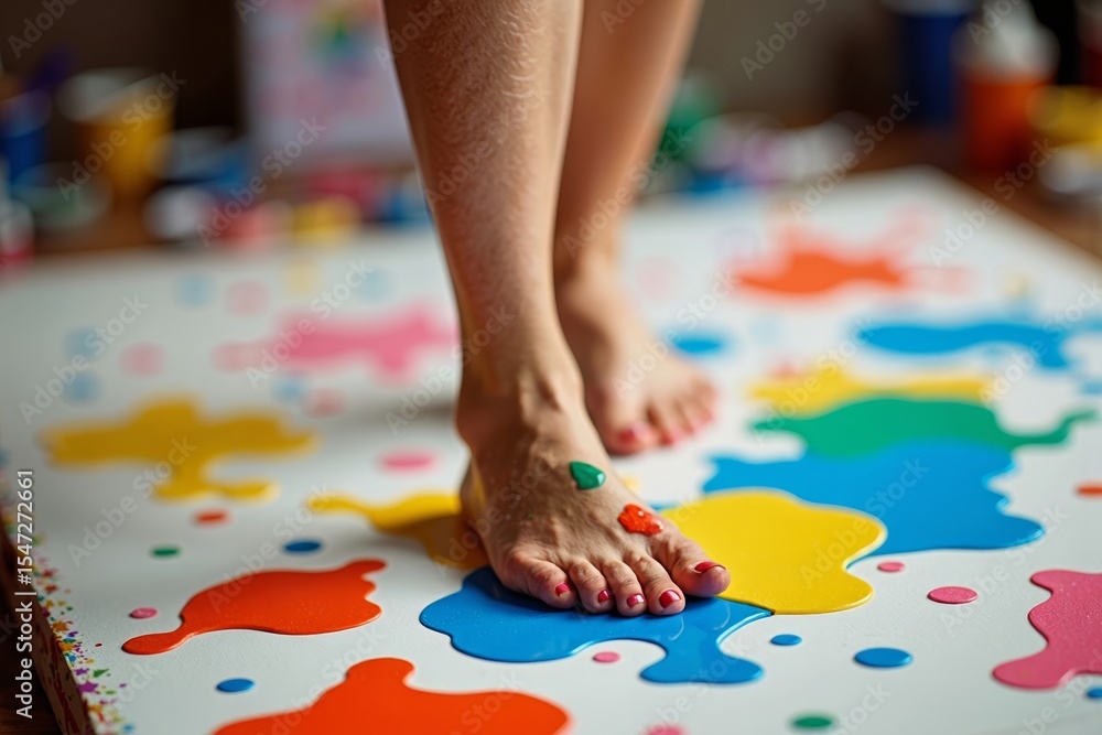 Obraz premium Woman's Feet Covered in Colorful Paint Walking on Canvas to Create abstract Artwork