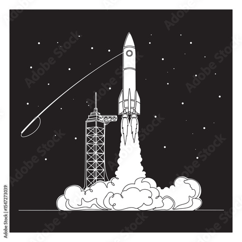White Rocket Launching from Pad Against Black Night Sky