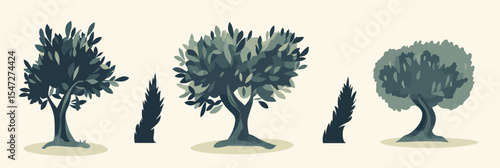 Set of stylized flat minimalist olive trees and cypress bushes vector illustration with simple shading and muted green color palette for nature and garden design concepts