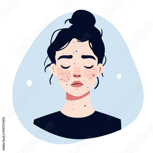 Young woman with closed eyes and facial acne spots flat minimalist vector illustration of skin inflammation and blemishes on face symbolizing acne condition and skincare concerns