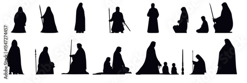 Silhouette of Islamic Muslim family members men women children in traditional clothing holding swords and staffs standing and sitting in flat minimalist style vector
