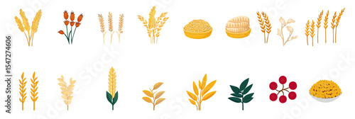 Collection of various grain and cereal crop icons including wheat, oats, barley, rye, rice, corn, quinoa and millet in flat minimalist vector style for agriculture and food concepts illustration
