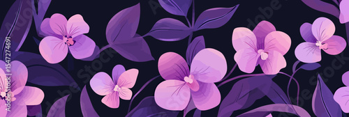 Elegant purple orchid flowers and leaves seamless pattern with minimalist flat design on dark background for floral decoration and wedding invitations