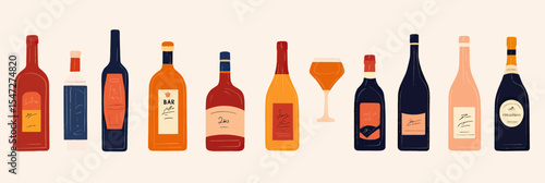 Set of assorted alcoholic bottles and cocktail glass in flat minimalist vector style with colorful labels and diverse shapes for bar and party drinks design
