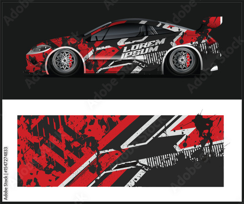 Aggressive Red and Black Racing Car Wrap Design with Grunge Elements