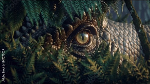 Eye of the Raptor: The intense yellow eye of a prehistoric raptor peers out from behind lush green fern, capturing the raw intensity and mystery of the ancient predator.