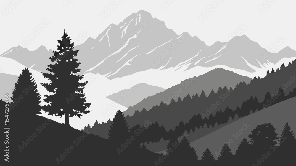 Fototapeta premium Majestic Mountain Landscape Serene Peaks, Evergreen Trees, and Misty Valleys