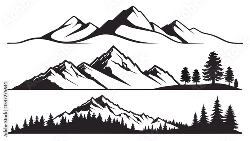 Majestic Mountain Ranges and Evergreen Forests Black and White Illustrations