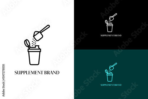 scoop with supplement powder falling into a shaker bottle illustration, vector logo for muscle gain, vitamin, supplement brand, dietary supplement, fitness, gym, workout, herbal, and more
