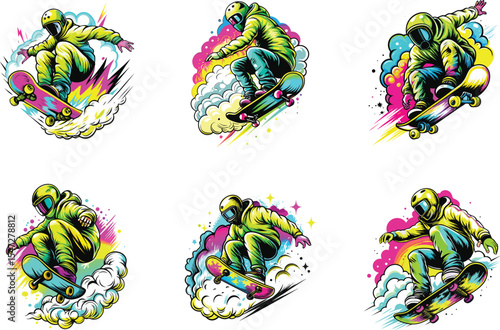  colorful skateboarders in dynamic poses