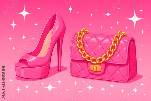 Glamorous pink high heel and quilted handbag with gold chain, AI generated