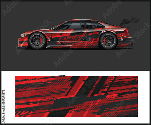 Red and Black Racing Car Wrap Design Template with Abstract Pattern