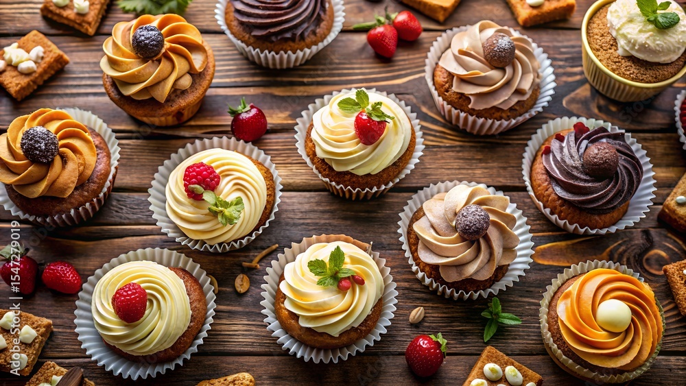 Assorted gourmet cupcakes with various frostings and toppings on a wooden table Assorted gourmet cupcakes with various frostings and toppings on a wooden table