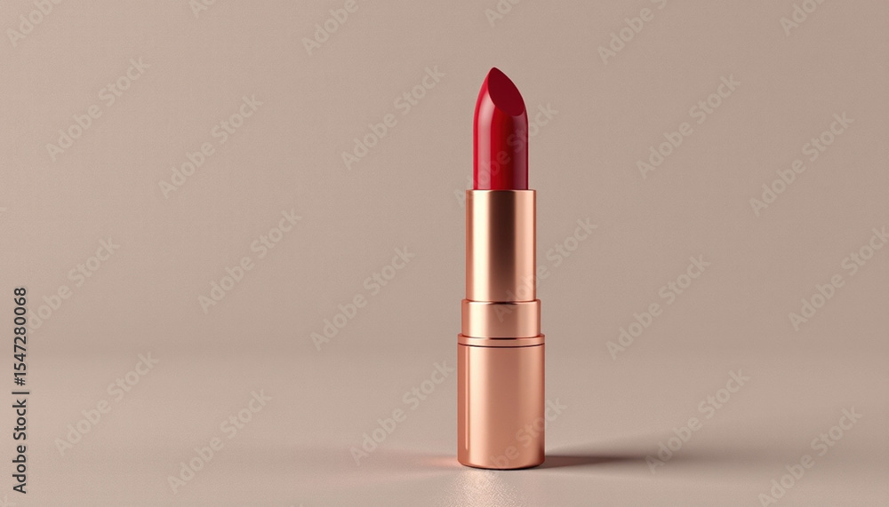 Sleek lipstick tube with metallic finish, showcasing vibrant red shade, stands elegantly against soft background, evoking sense of luxury Sleek lipstick tube with metallic finish, showcasing vibrant red shade, stands elegantly against soft background, evoking sense of luxury