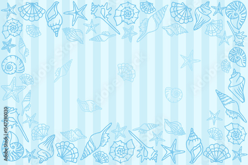 Abstract design of various seashells and starfish in blue outlines on a vertical blue stripes background, with copy space at the center for text. 
