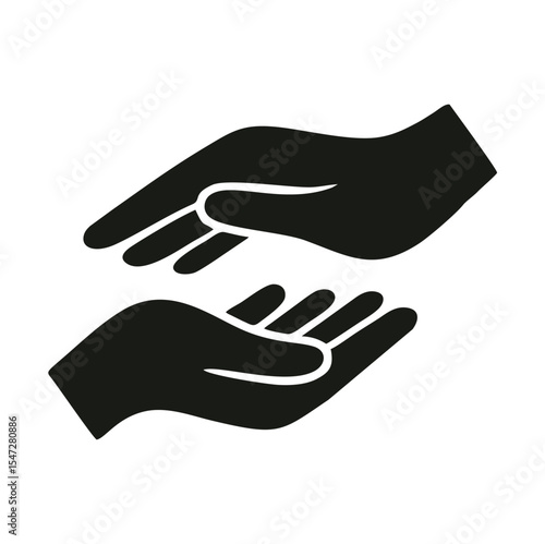 Helping Hands Logo — Minimalist Symbol of Support for Non-Profit Organization, A black vector logo featuring two hands reaching toward each other in a gesture of care and support. The curved palms and