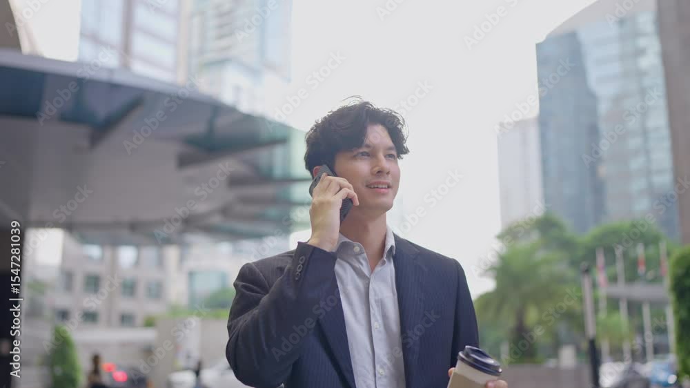Asian young businessman talking on mobile phone while spend time in city. Asian young businessman talking on mobile phone while spend time in city.
