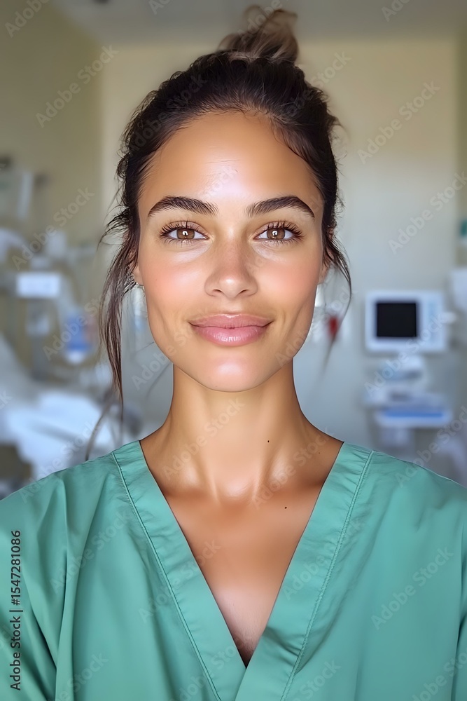Fototapeta premium Young mixed race female medical professional in green scrubs smiling confidently at camera in hospital setting, natural makeup and hair in bun for healthcare marketing.